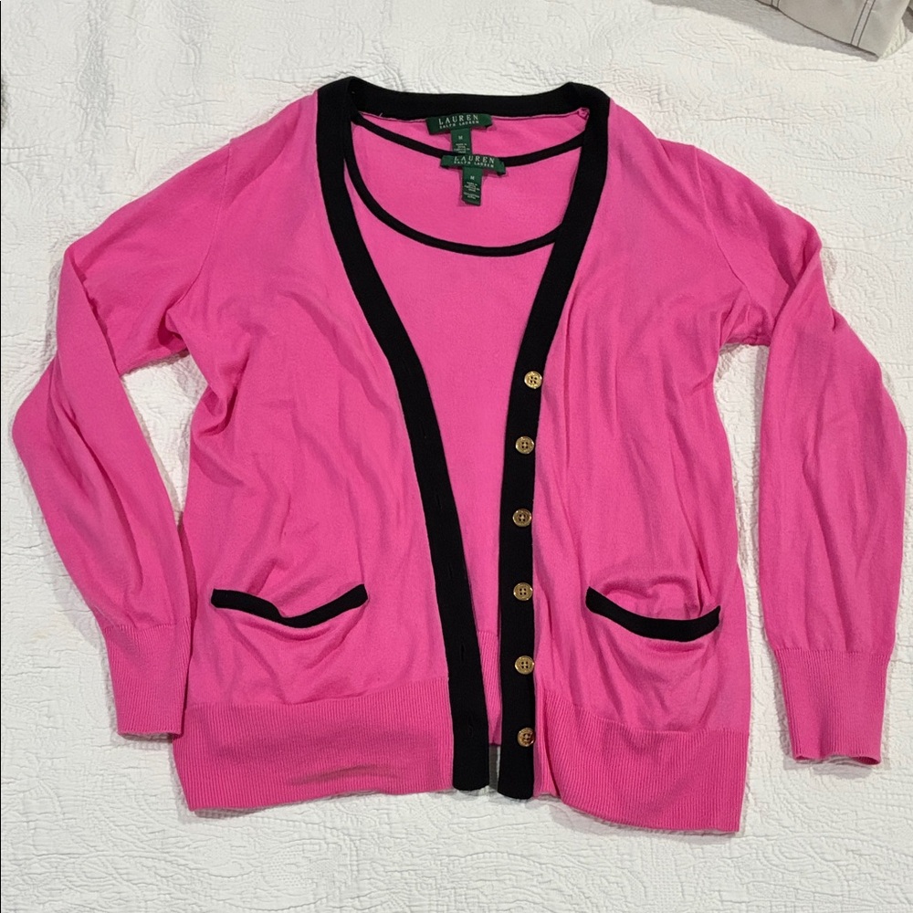 Ralph Lauren Cardigan and Tank Vibrant Pink with Black Trim & Gold Buttons M